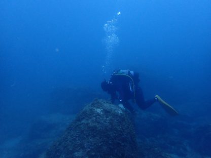 串本でダイビング中にクラウチングスタートの真似をしている重野