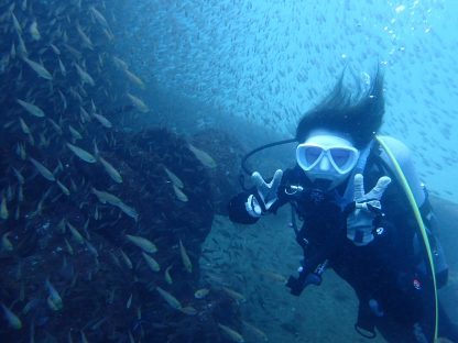 白浜、沈船でスポーツダイバーのボート講習でダイビングをしている様子